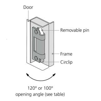 LD-Model-20-HI-installation Drawing showing opening angle of Concealed Hinge with Removable Pin